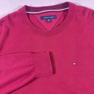 Tommy Hilfiger Sweater Crew Neck Mens XL Long Sleeve Red Solid Cotton Pullover